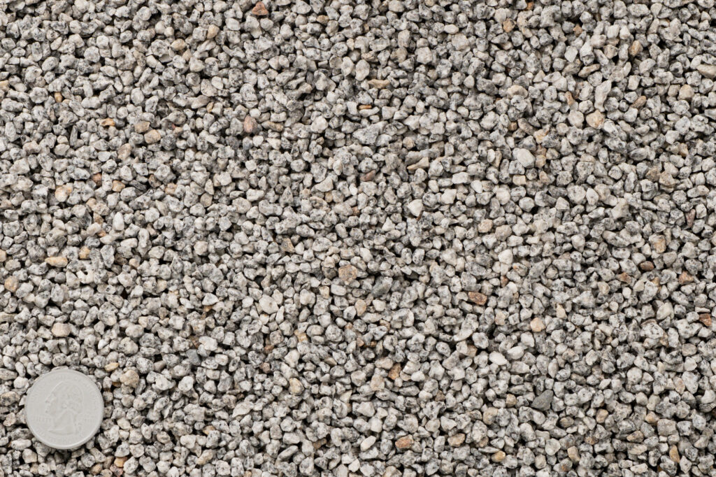 A close-up view of small, gray poultry grit stones with a coin placed in the bottom left corner for scale. The irregularly shaped grit covers the entire image.